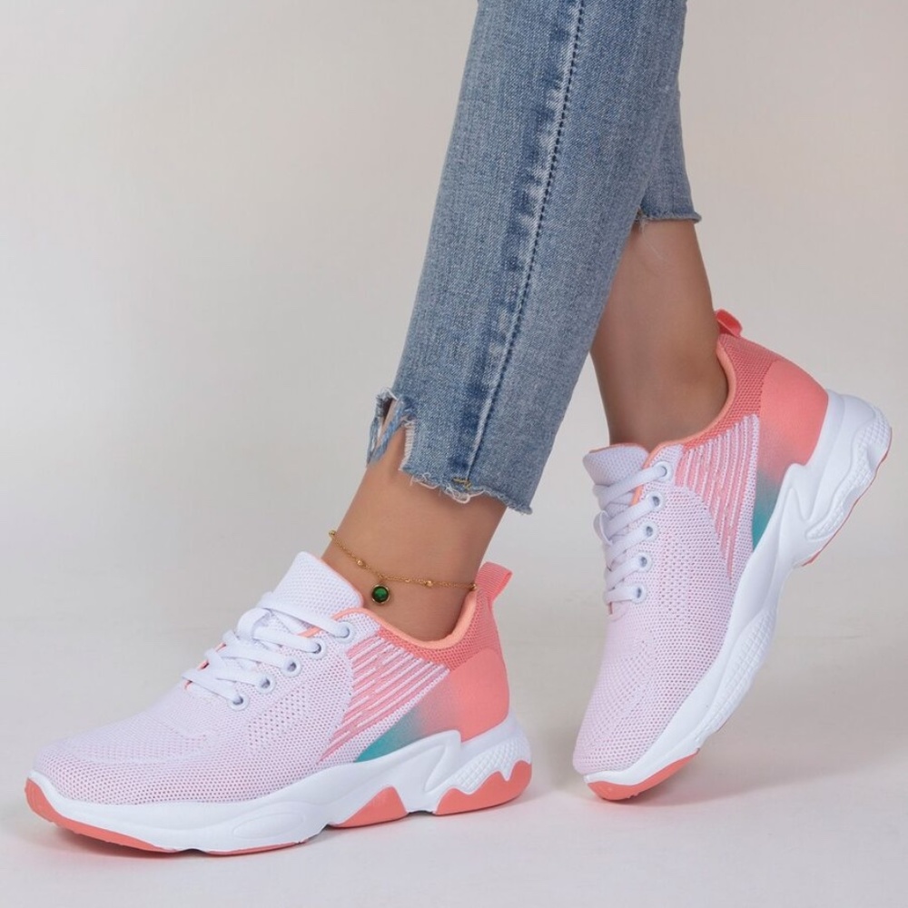 Pink Blue White Athletic Lace-up Front Running Shoes